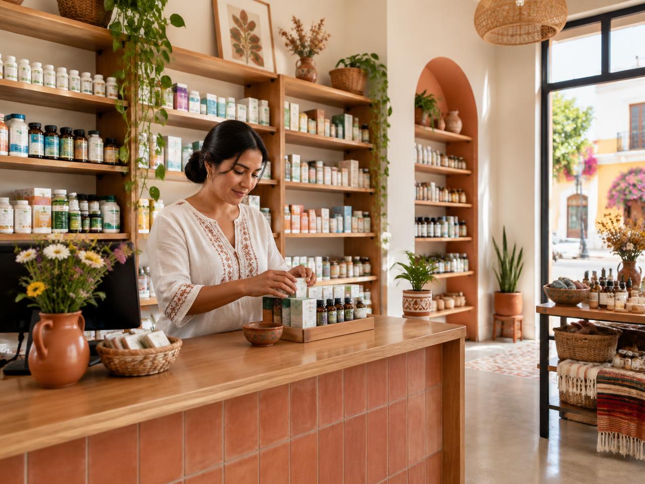 Interior cálido de una farmacia y boutique independiente